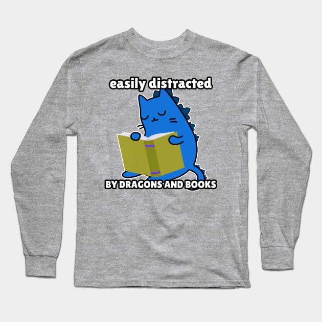 Cat Dragon Book reading easily distracted Long Sleeve T-Shirt by GlanceCat